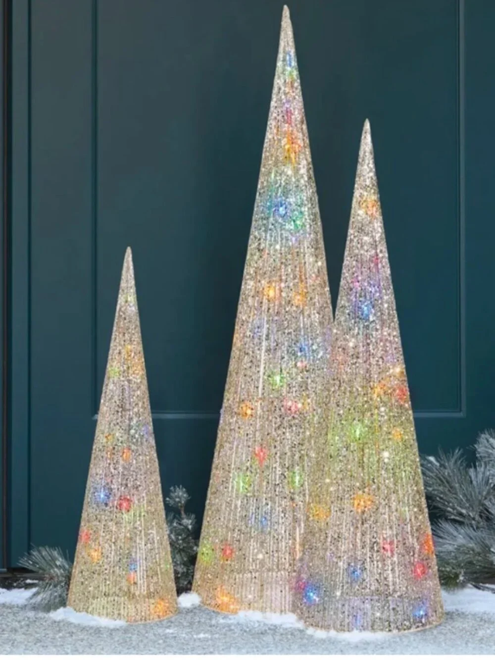 🎄 Holiday Living Gold LED Cone Christmas Trees Set 3 Light Color Change Indoor
